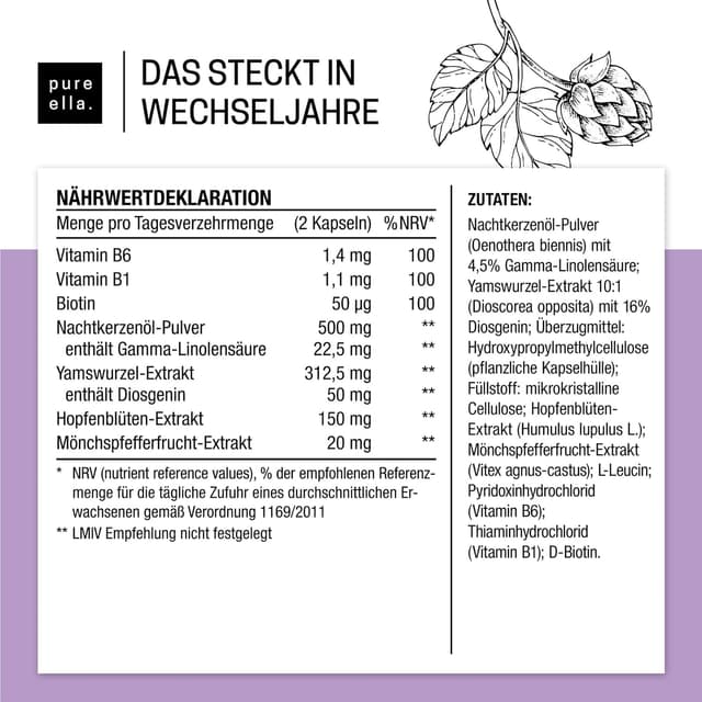 Detalle 2 de Pure Ella WECHSELJAHRE Vitalstoffkomplex für Frauen in der Menopause (60 Kapseln)