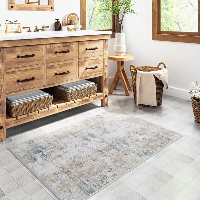 Detalle 2 de HUGEAR waschbarer Design-Teppich (60 x 90 cm) in Beige/Blau – rutschfest & kurzflorig für Flur und Eingang