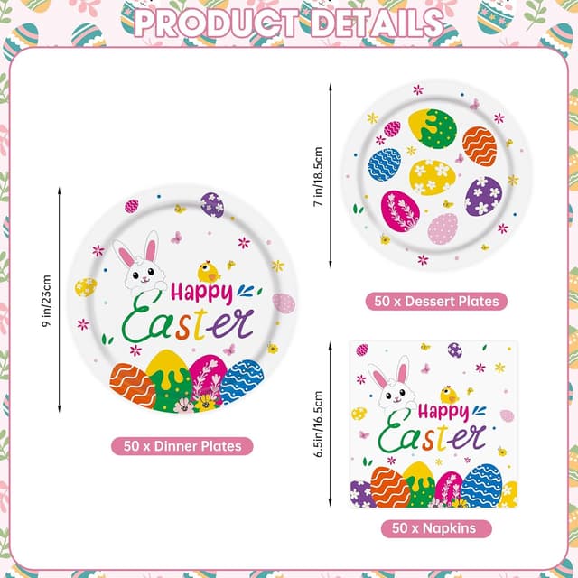Detalle de 150-Piece Happy Easter Plates and Napkins Paper Dinnerware Set (Easter Egg Hunt Tableware) — Serves 50