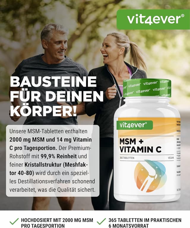 Detalle 2 de vit4ever MSM 2000 mg mit Vitamin C aus Acerola – 365 Tabletten (6-Monatsvorrat, vegan, laborgeprüft)