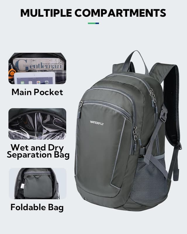 Detalle 1 de Waterfly Hiking Foldable Lightweight Backpack (28L) with Wet Compartment – packable daypack rucksack for travel & trekking