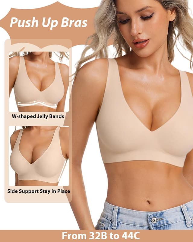 Detalle de HOWIN Jelly Bras Women’s Deep V Wireless Push Up T-Shirt Bra (Seamless, No Underwire)