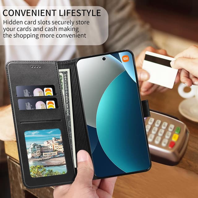 Detalle de Custodia WAURZ in pelle a libro per Xiaomi Redmi Note 15 Pro 4G con portacarte magnetico e supporto Nero