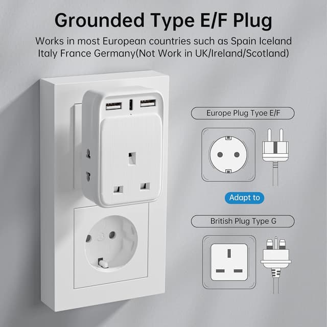 Detalle de UK to European Plug Adaptor with 3 USB Ports (incl. 20W USB-C) and Shaver Adapters for Type E/F travel