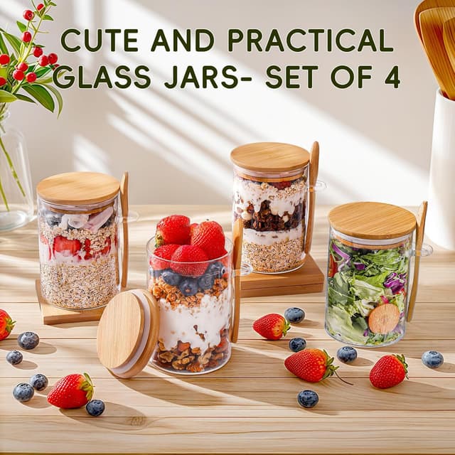 Detalle de MHDCLY Overnight Oats Containers with Lids (16oz) — 4-Pack Glass Meal Prep Jars