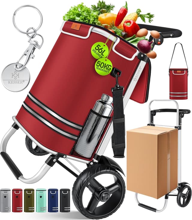 Detalle de KESSER Einkaufstrolley klappbar 56 l (bis 50 kg) mit Kühlfach & Umhängetasche – Bordeaux Rot