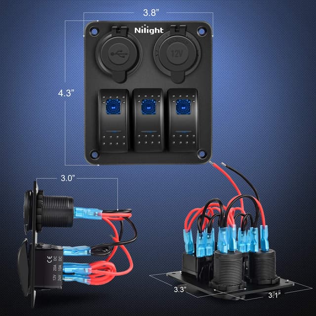 Detalle 2 de Nilight 90115C 3-Gang Waterproof Rocker Switch Panel with Dual USB Charger Socket & 12V Cigarette Lighter