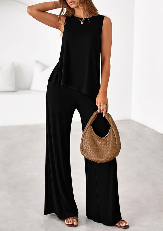 Detalle de PRETTYGARDEN Women’s 2026 Two-Piece Lounge Set: Asymmetrical Split Tank + Wide-Leg Pants