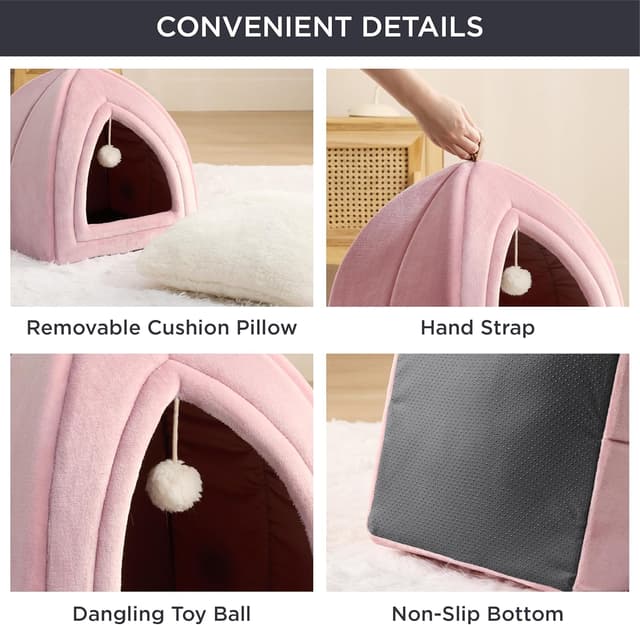 Detalle de Bedsure Cat Cave Bed Indoor (Large) Flannel Hooded Igloo House with Removable Cushion & Toy Ball – Pink, 44x44x44cm