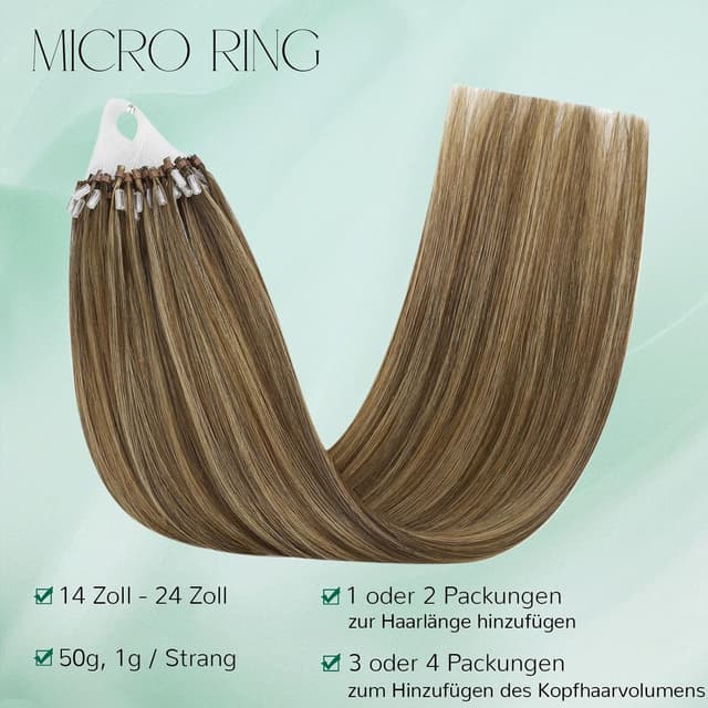Detalle de Easyouth Microring Echthaar-Extensions #P4/27 (Honigblond- / Gelbblond-Highlights) 40 cm, 50 g