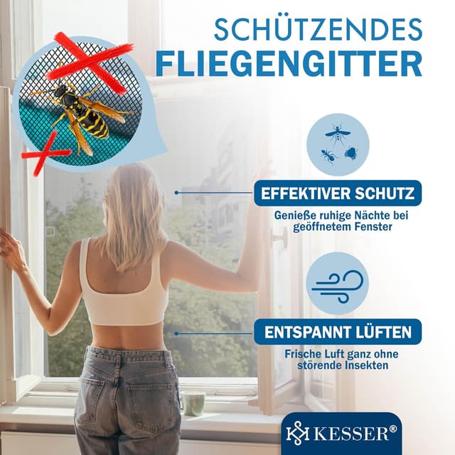 Detalle de KESSER® Fliegengitter Fenster 130x150 cm mit Aluminiumrahmen – Insektenschutz ohne Bohren (weiß)