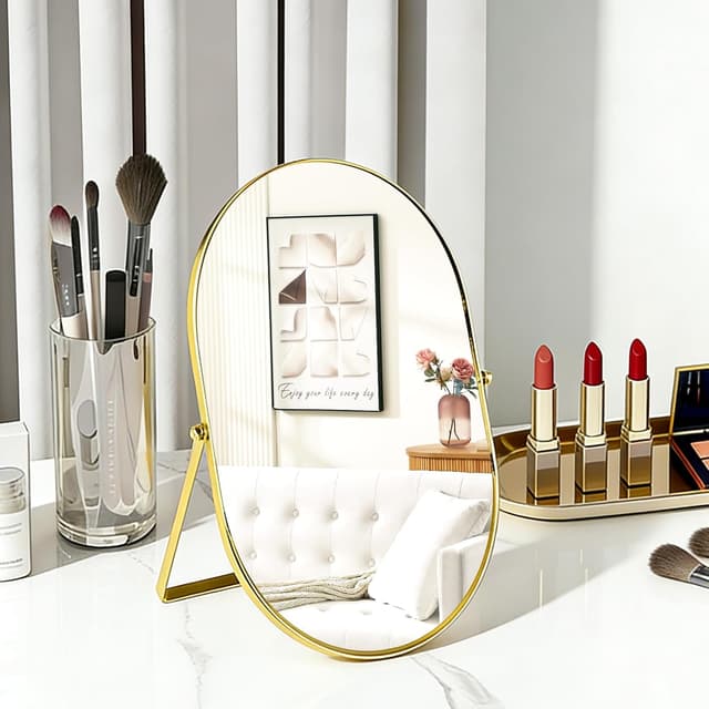 Detalle de ROYUEXT Oval Table Top Mirror (Gold) with Adjustable Metal Frame Stand