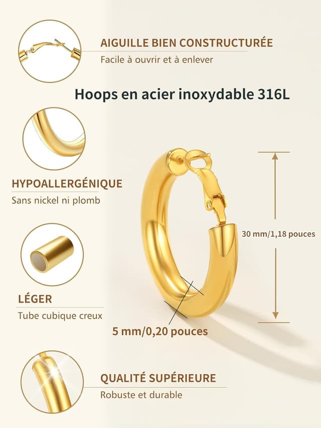 Detalle de FindChic Créoles acier inoxydable femme 20/30/40/60/80 mm — argenté, doré ou noir, fermoir à homard