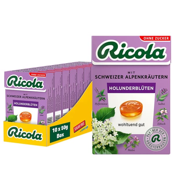 Detalle de Ricola Holunderblüten zuckerfreie Kräuter-Bonbons (10 x 50 g, vegan)