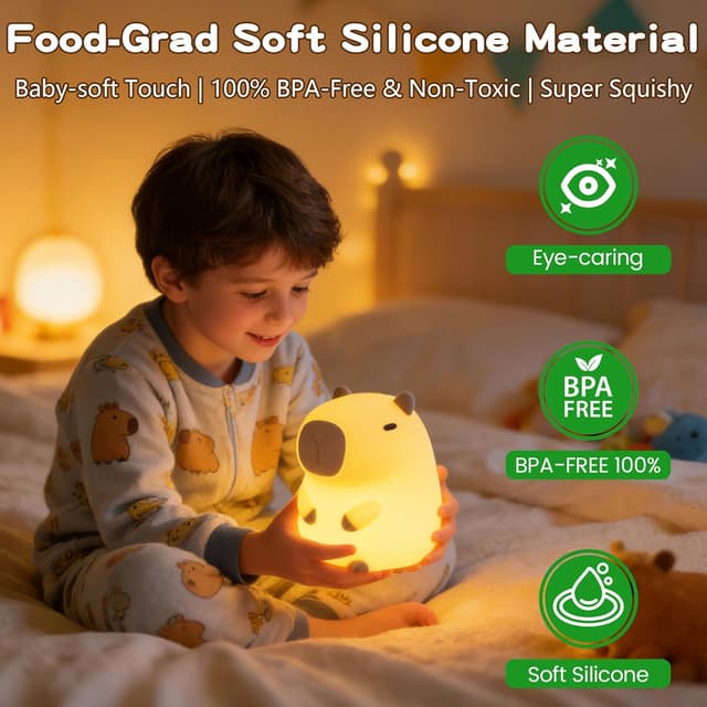 Detalle de FAMIDUO Capybara Night Light for Kids – rechargeable touch LED squishy lamp with 2 dimmable levels