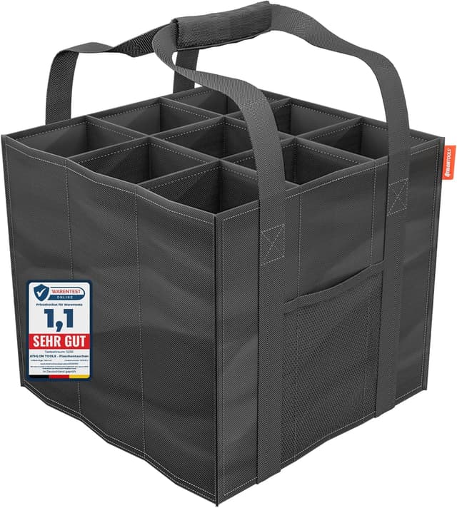 Detalle de ATHLON TOOLS Flaschenträger für 9 Flaschen – faltbare, wasserabweisende Einkaufstasche mit Trennwänden (schwarz)