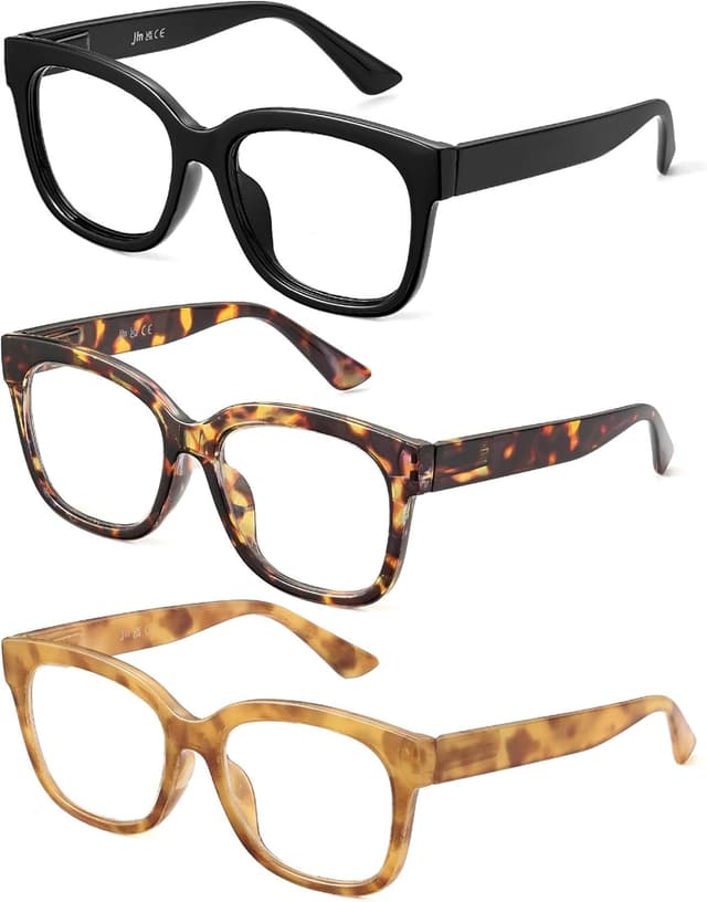 Detalle de JM 3-Pack Oversized Square Reading Glasses with Blue Light Blocking Lenses & Spring Hinge