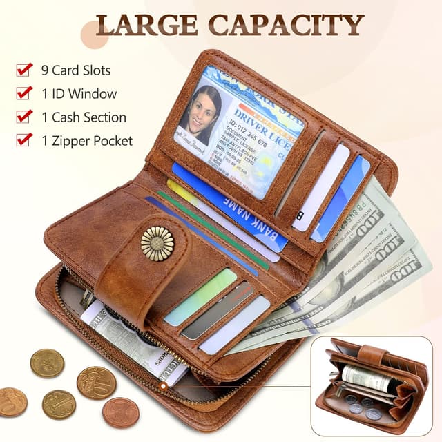 Detalle de TEUEN Damen-Geldbeutel mit großem Fassungsvermögen, Vintage-PU-Leder, RFID-Blockierung & mehreren Fächern