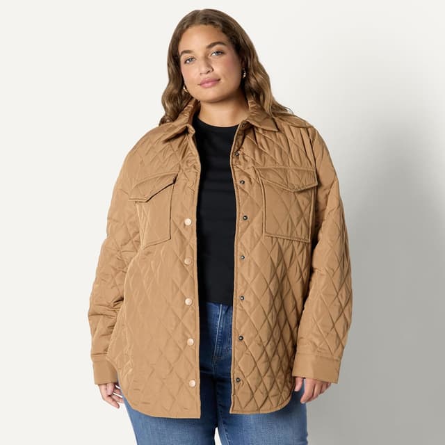 Detalle de Amazon Essentials Damen Lange Relaxed-Fit-Steppjacke mit Druckknöpfen