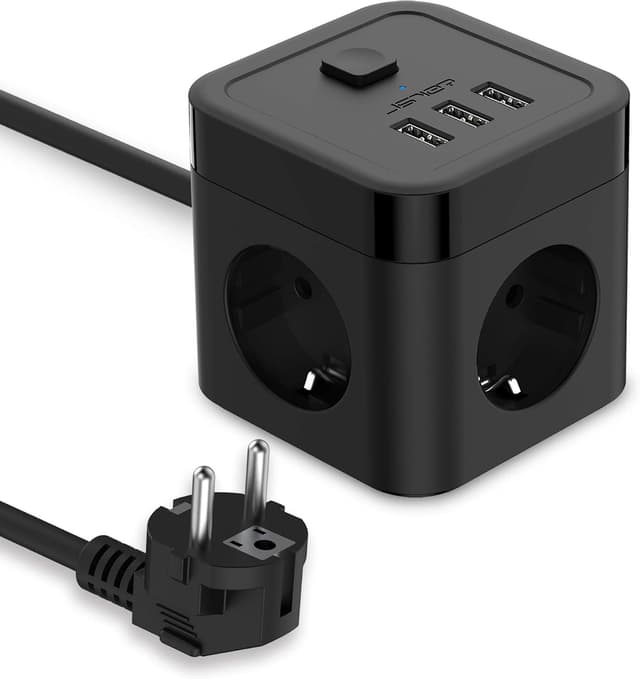 Detalle de JSVER Steckdosenleiste Cube Würfel mit 3 USB, 3680 W und 1,5 m Kabel – kompakt für Büro, Zuhause & unterwegs