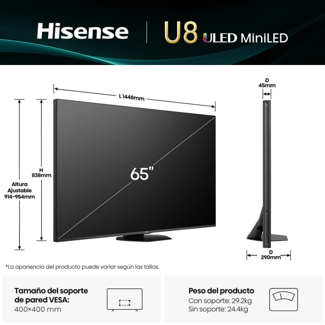 Detalle 2 de Hisense 65U8Q TV MiniLED 65' UHD 4K, 165Hz