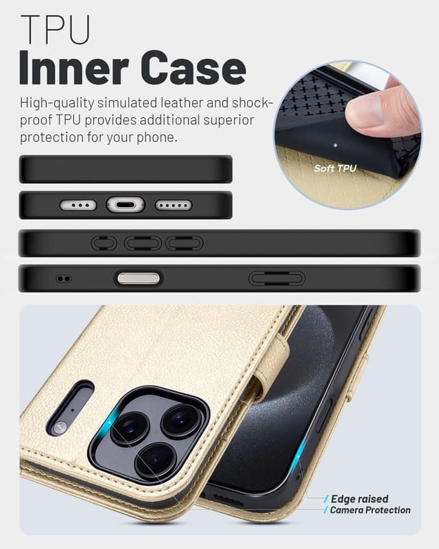 Detalle de OCASE Hülle für iPhone 17 Pro Max 5G mit Kartenfach, Magnetverschluss, RFID-Blocker und Standfunktion (Gold)