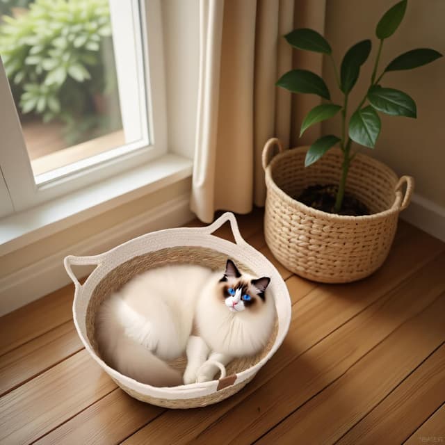 Detalle de Rukuapid Cuty Cat Basket Bed: Woven wicker kitten basket with toy ball (40x40x13cm)