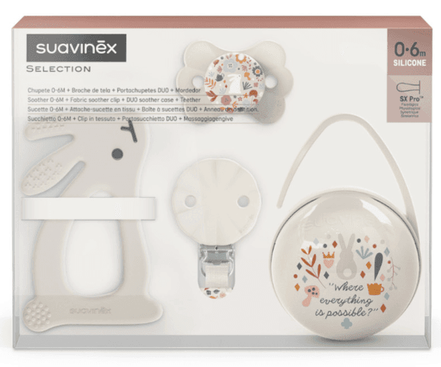 Detalle 2 de Suavinex Wonderland Set chupete, chupetero y mordedor Beige