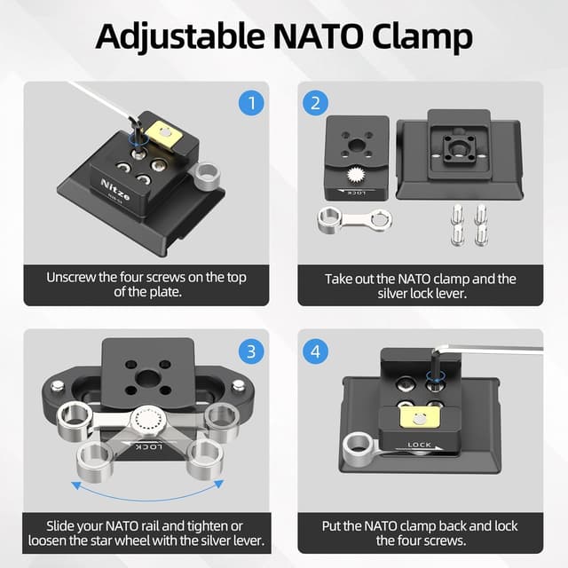 Detalle de Nitze N28-S3 NATO-Klemme auf Arca-Schnellwechselplatte für DJI RS 5/RS 4 Pro/RS 4/RS 3 Pro/RS 3/RSC 2/RS 2