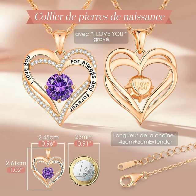 Detalle de Collier CDE femme en forme de cœur avec pierre de naissance et pendentif cœur double