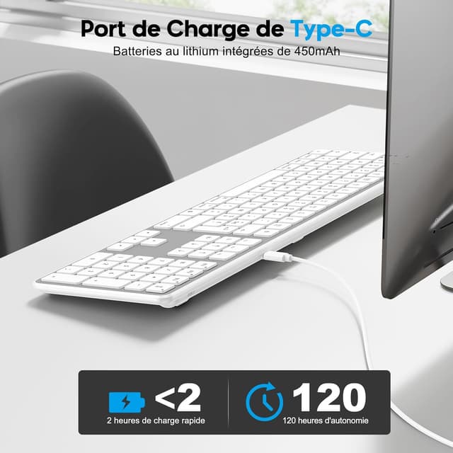Detalle de OMOTON Clavier Bluetooth sans fil pour Mac AZERTY rechargeable (3 canaux) – Argent