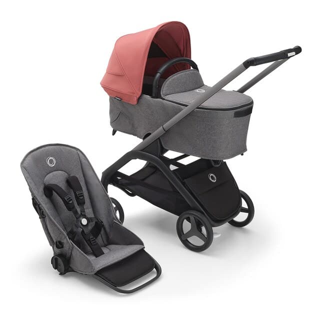 Detalle de Bugaboo Dragonfly Duo carro base grafito, capota rojo amanecer 🚼