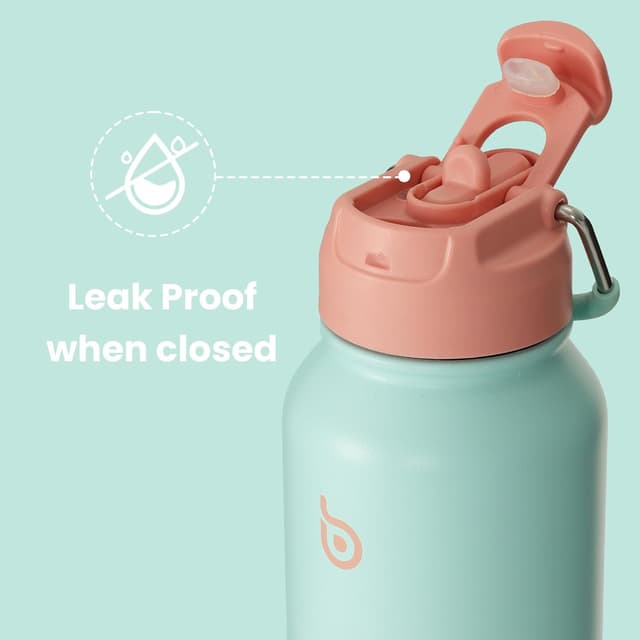 Detalle de BOTTLE BOTTLE Edelstahl-Trinkflasche 1L mit Strohhalm, Doppel-Deckel und Pillenfach (BPA-frei, doppelwandig)