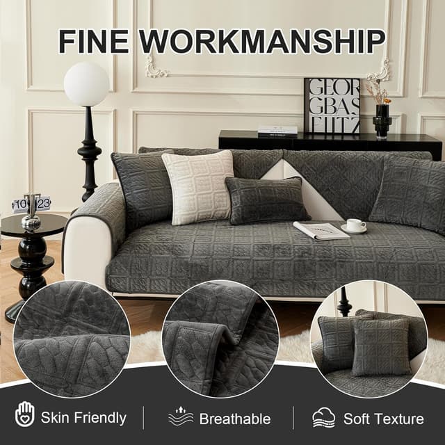 Detalle 2 de Upgrade Milchsamt Sofa Überzug für Ecksofa (L-Form) in Dunkelgrau, rutschfest – 110×110 cm