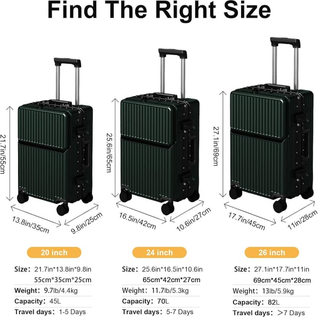Detalle 2 de AIWEINY Handgepäckkoffer (20 Zoll, Grün) für Frühjahr/Sommer – fluglinienzugelassen, TSA-Schloss, 360°-Rollen & Hartschale