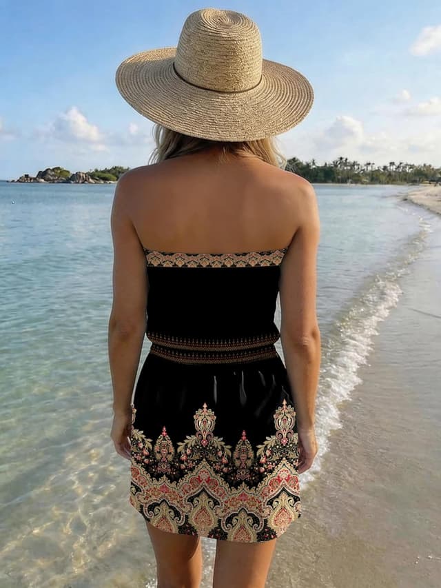 Detalle de Women’s Strapless Summer Dress Boho Beach Cover-Up with Drawstring Waist and Pockets