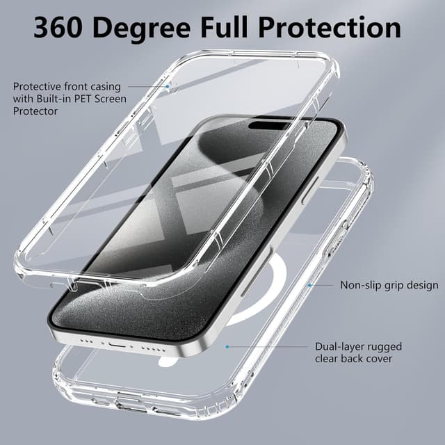 Detalle 2 de XTCASE Coque magnétique pour iPhone 15 Pro avec protection d’écran intégrée (MagSafe, 360°), transparente