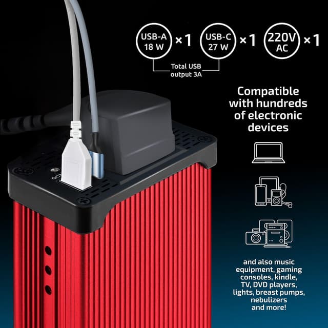 Detalle 2 de Odoga 300W Car Power Inverter (12V to 240V) with USB-A & USB-C 3A Charging Ports