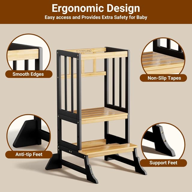 Detalle de COSYLAND Adjustable Height Kitchen Tower for Toddlers – solid bamboo standing step stool (natural & black)