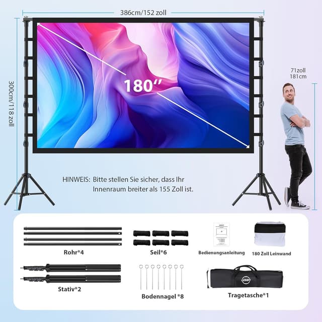 Detalle 2 de LEORFI Beamer Leinwand mit Stativ 180 Zoll (16:9) – tragbar für Outdoor & Heimkino