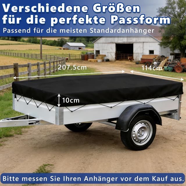 Detalle de Premium Anhängerplane 207,5 x 114 cm (Rand 10 cm) aus 600D Oxford, schwarz – flache Abdeckplane für PKW-Anhänger