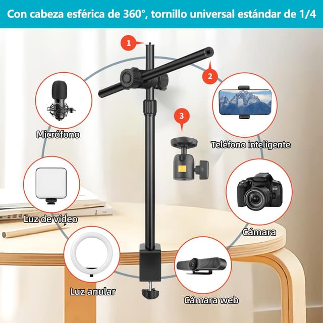 Detalle de JEBUTU OS02 Kamera-Tischstativ Overhead mit flexiblem Arm, C-Klemme und 1/4" Kugelkopf (31–57 cm)