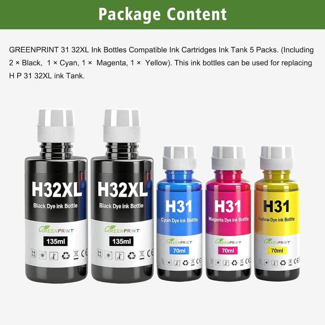 Thumbnail 6 de GREENPRINT 31 32XL Inchiostro Multipack compatibile per HP Smart Tank (5 confezioni: 2×N, C, M, G)