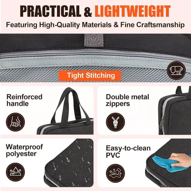 Detalle de FeinKulturia Kulturbeutel Reisetasche mit Metallhaken – faltbare, wasserabweisende Kulturtasche mit Nass-Trocken-Trennung (schwarz)