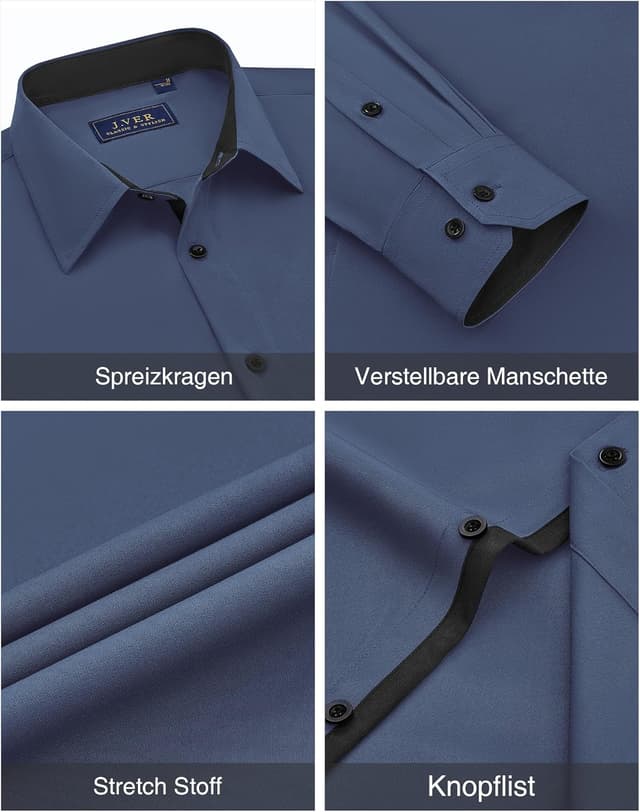 Detalle de J.VER Herrenhemd Langarm mit Stretch – Regular Fit Businesshemd für Büro, Hochzeit & Alltag