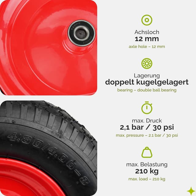 Detalle de Garronda 2er-Set Ersatzrad für Schubkarre 4.80/4.00-8 (Ø 390 mm) Luftreifen mit Achse