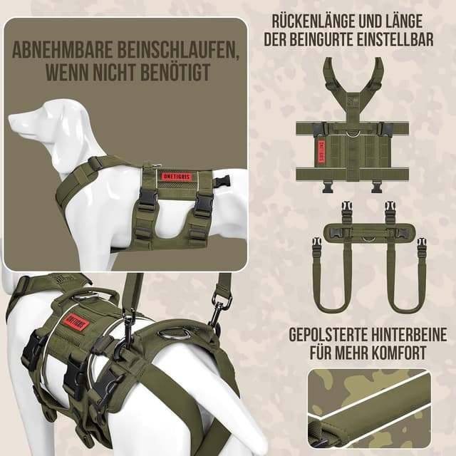Detalle de OneTigris Hundegeschirr SKYEWALKER mit 2 Griffen, verstellbar (XL, Grün) – Unterstützung & Rehabilitation