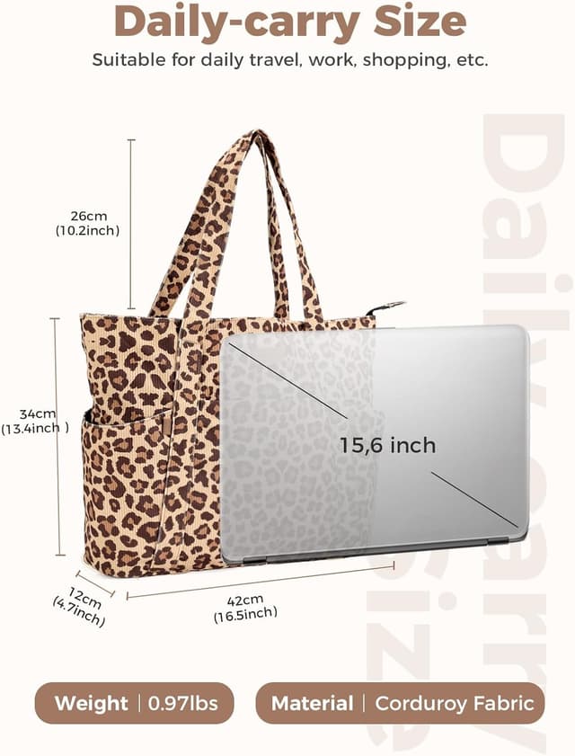 Detalle de Lekespring Cord Tasche Damen – große Tote Bag mit Reißverschluss und Laptopfach bis 15,6 Zoll