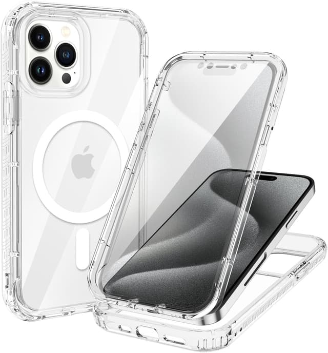 Detalle de XTCASE Coque magnétique pour iPhone 15 Pro avec protection d’écran intégrée (MagSafe, 360°), transparente