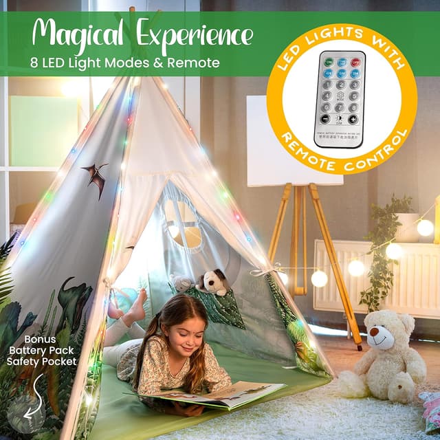 Detalle de W&O Dinosaur Discovery Teepee with Roar Button, LED Lights & Plush Mat